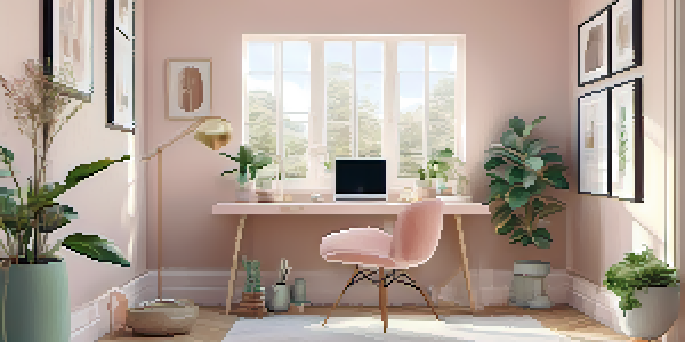 A calm home office decorated in soft pastel colors with a light desk, pastel artwork, and plants, creating a serene atmosphere.