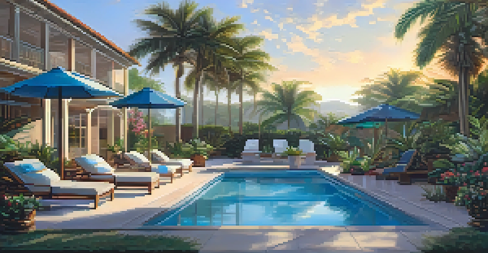 A tranquil outdoor pool area with tropical plants, colorful flowers, and lounge chairs, illuminated by soft string lights.