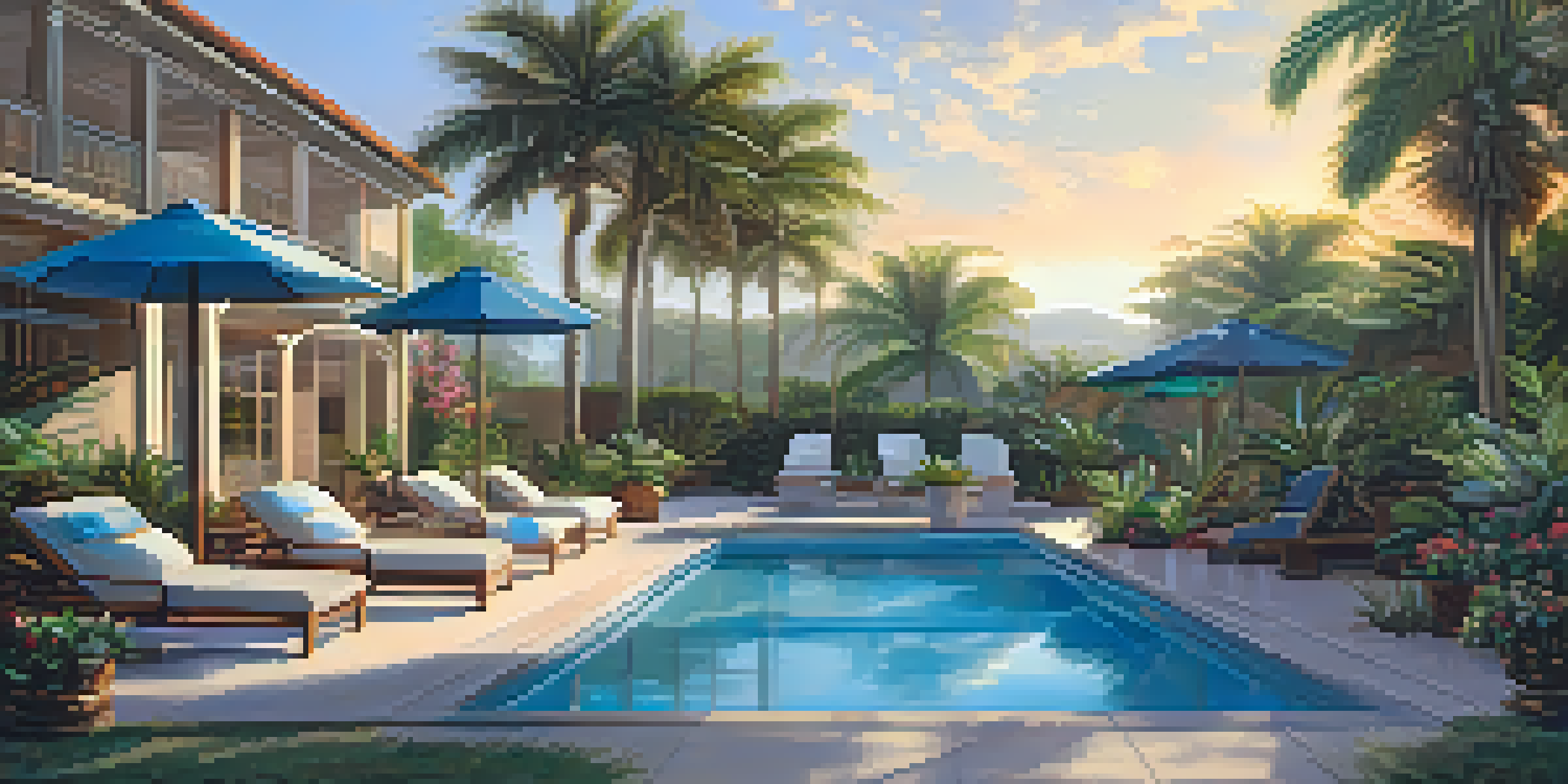 A tranquil outdoor pool area with tropical plants, colorful flowers, and lounge chairs, illuminated by soft string lights.