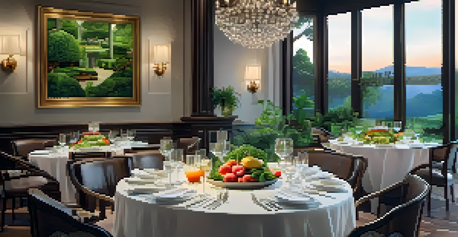 A luxurious dining table with gourmet healthy dishes, fruits, and teas surrounded by lush greenery.