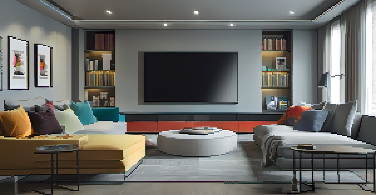 A modern home cinema with a smart TV, sectional sofa, and stylish decor.