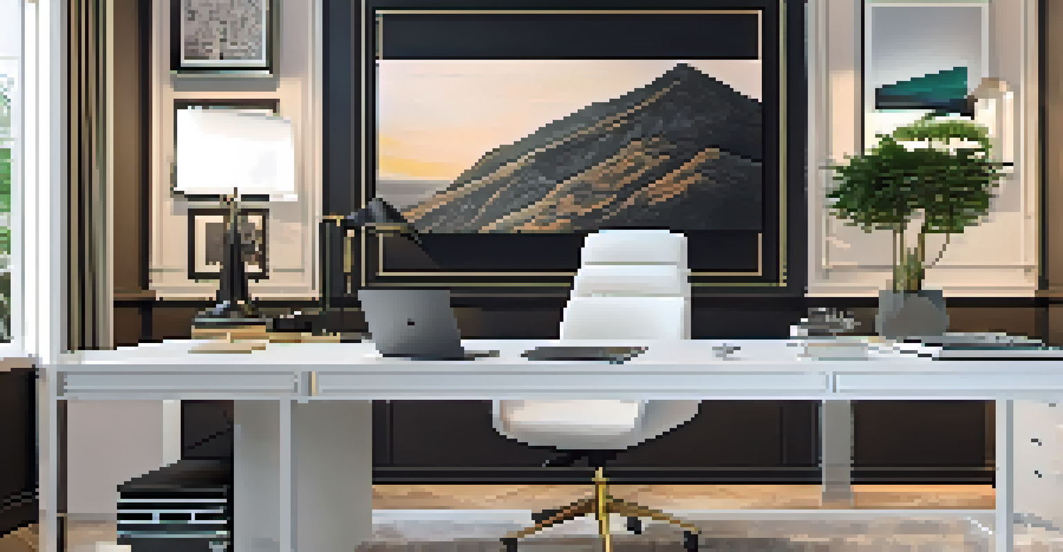 An elegant home office showcasing advanced audio-visual technology, smart lighting, and a stylish workspace for virtual meetings.