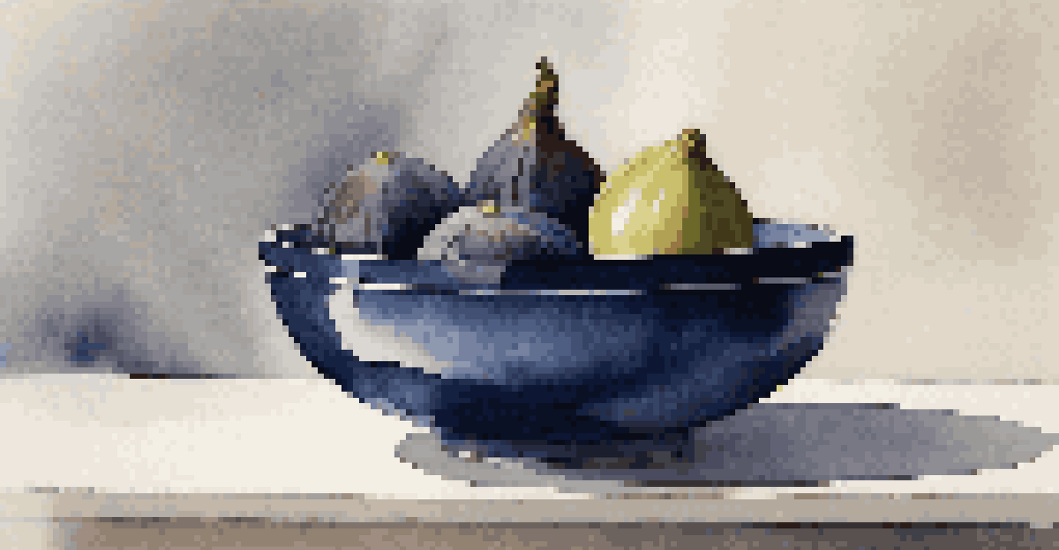 A minimalist still life image showing a dark blue ceramic bowl with figs on a marble surface, illuminated by warm light.