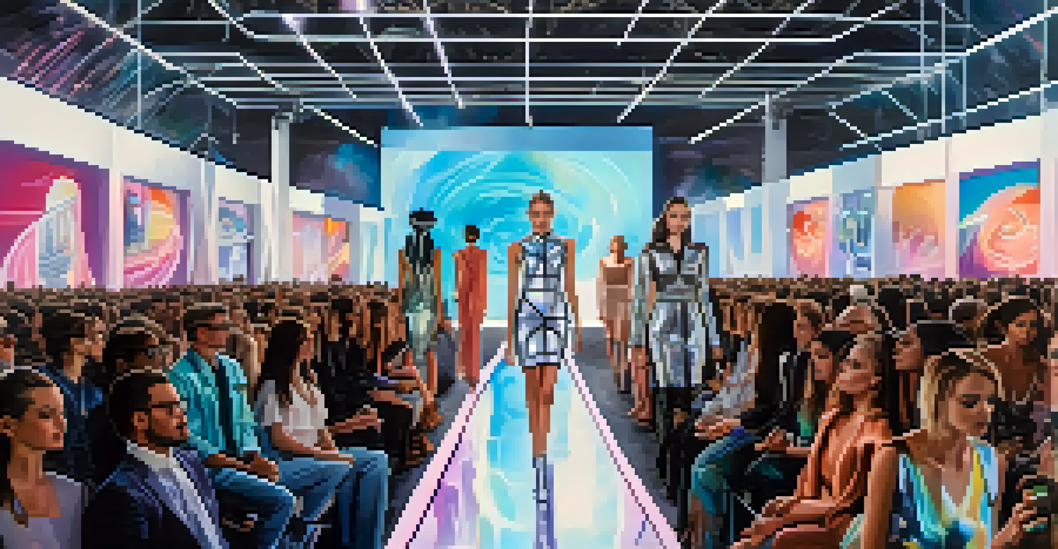 A futuristic fashion show featuring models on a sleek runway with holographic displays and sustainable fashion, with an engaged audience using devices.