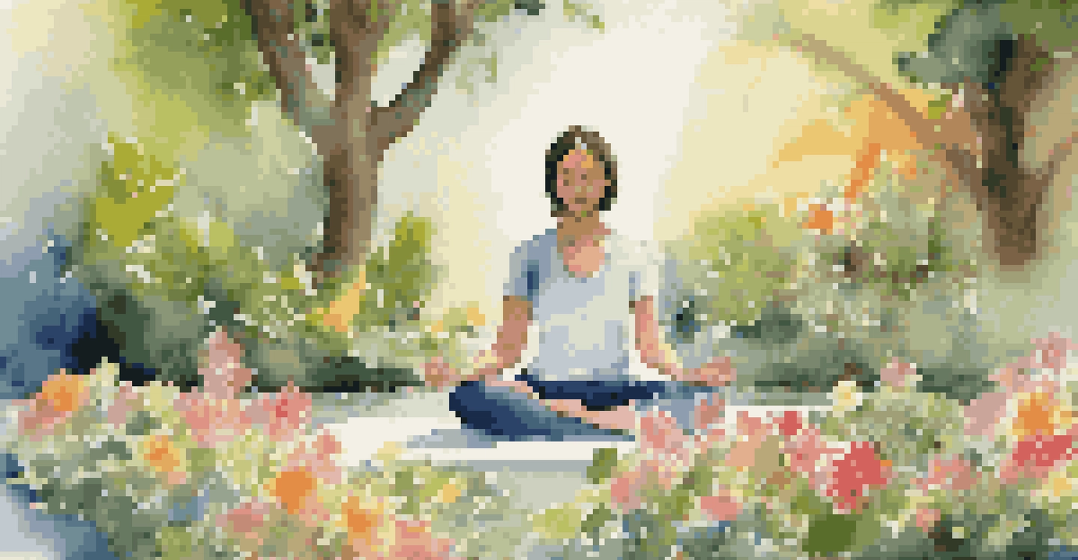 A person meditating in a colorful garden, surrounded by flowers and bathed in soft sunlight.
