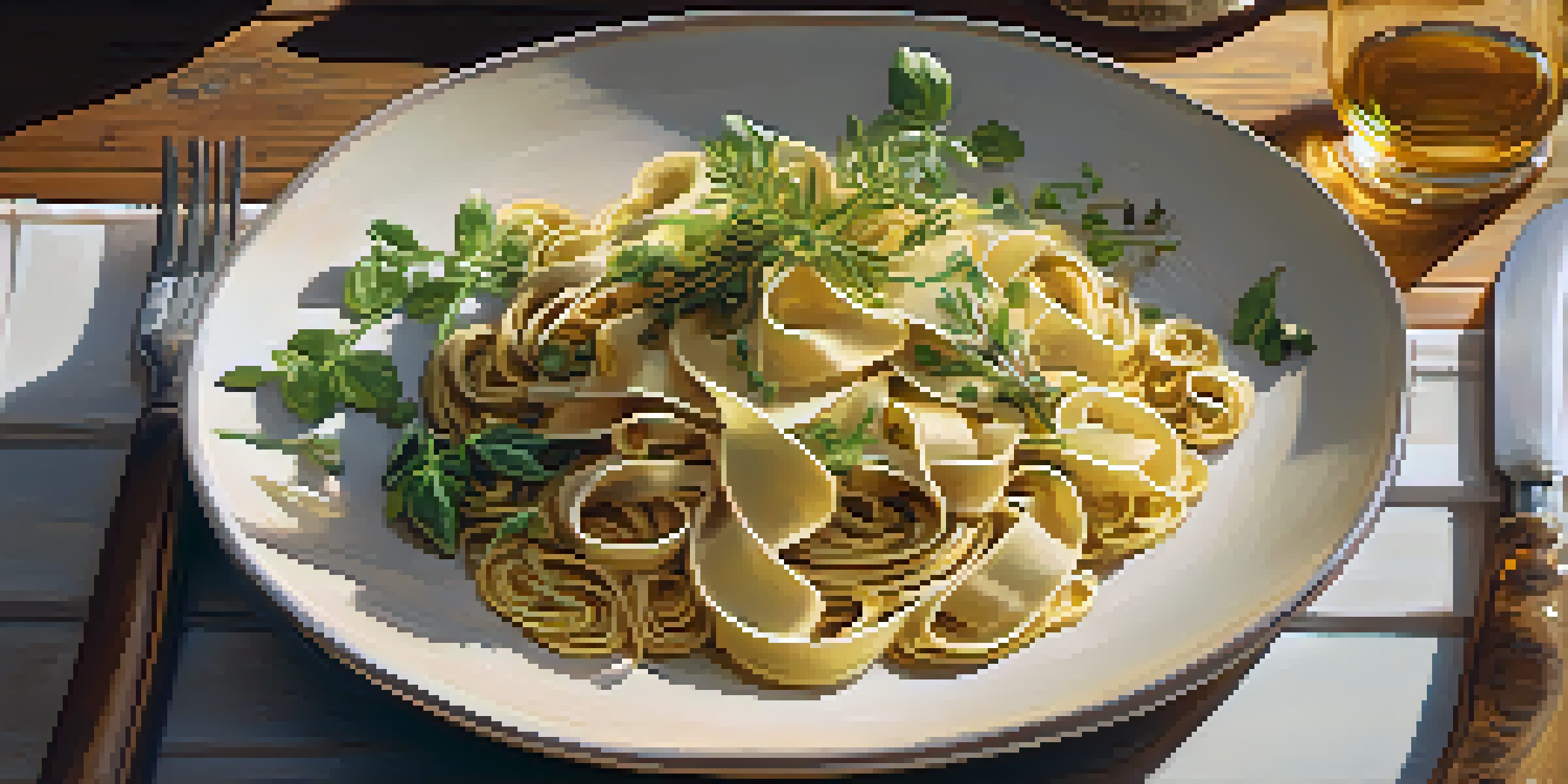 A gourmet dish of handmade pasta on a rustic wooden table, with a vineyard backdrop and warm sunlight.