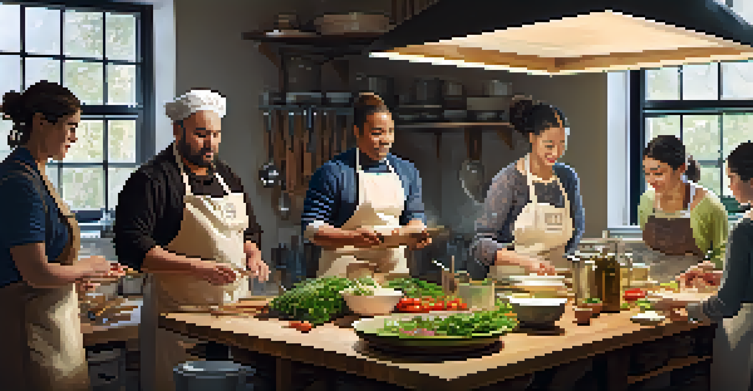 A small group of participants in a hands-on cooking workshop, engaged and surrounded by fresh ingredients and quality kitchen tools.
