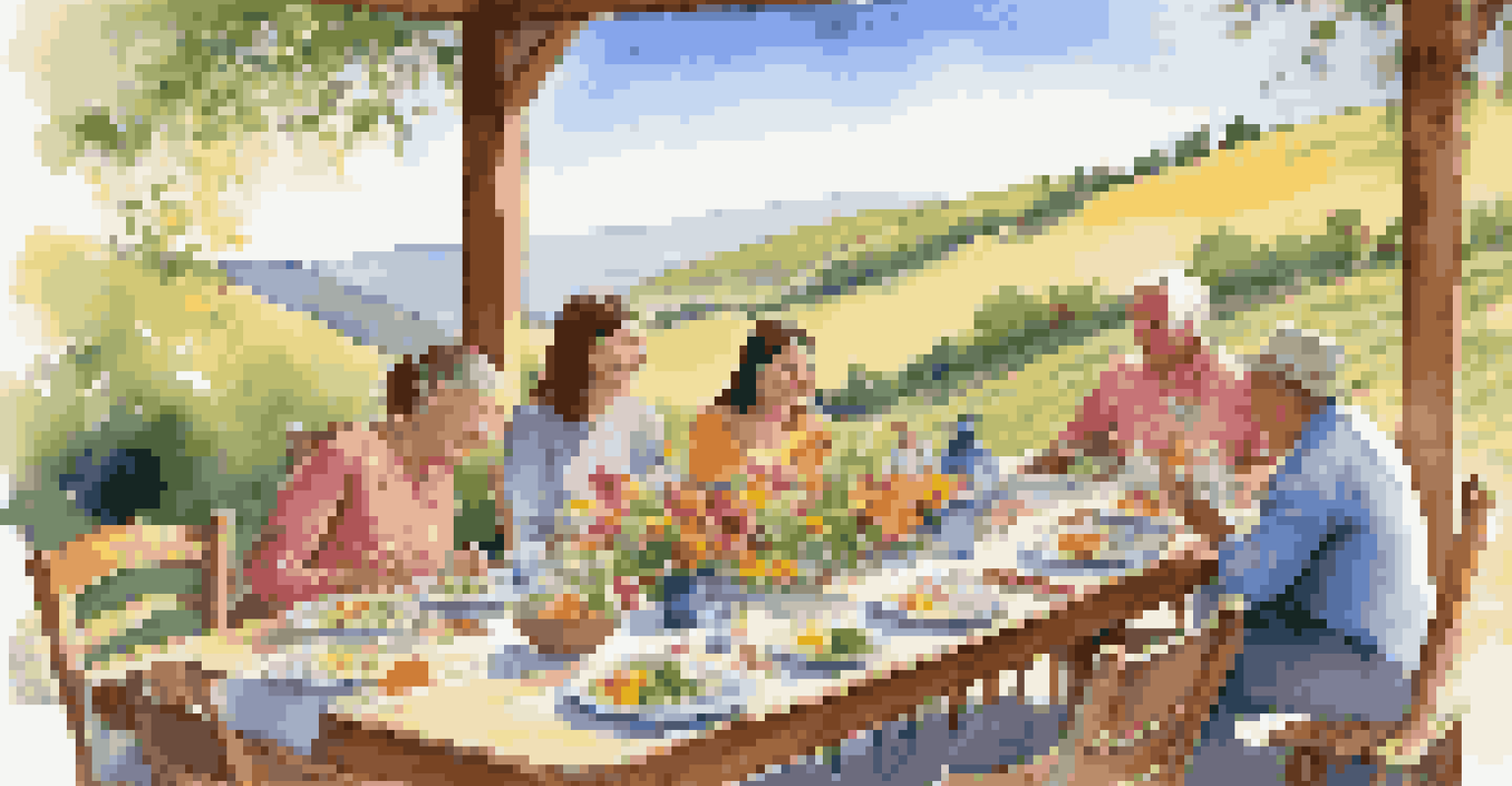 A family dining outdoors at a beautifully set table with local dishes, enjoying a meal with a view of rolling hills.