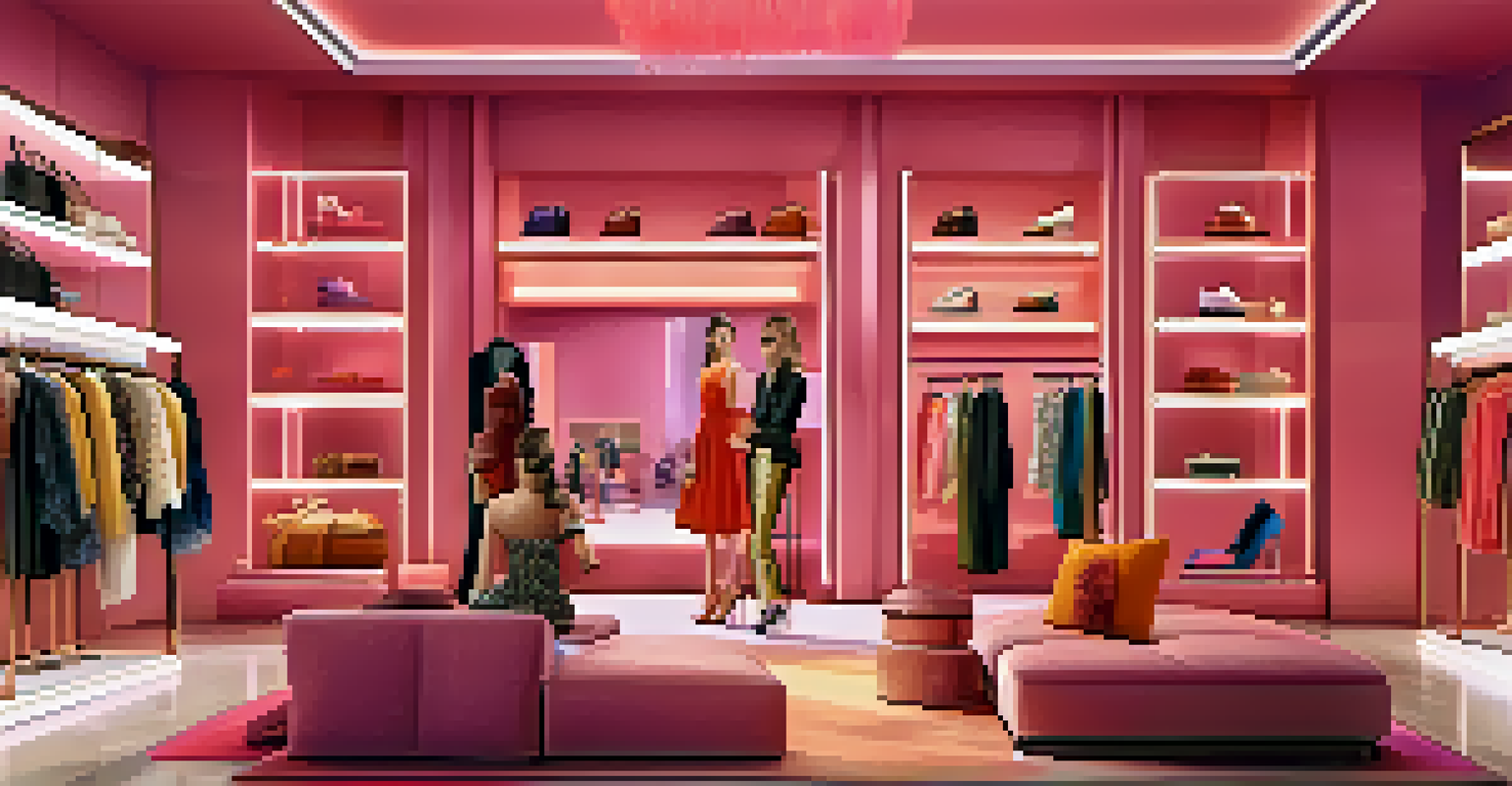 An artistic representation of a rental fashion service showing a digital interface with models wearing a variety of luxury outfits in a modern setting.