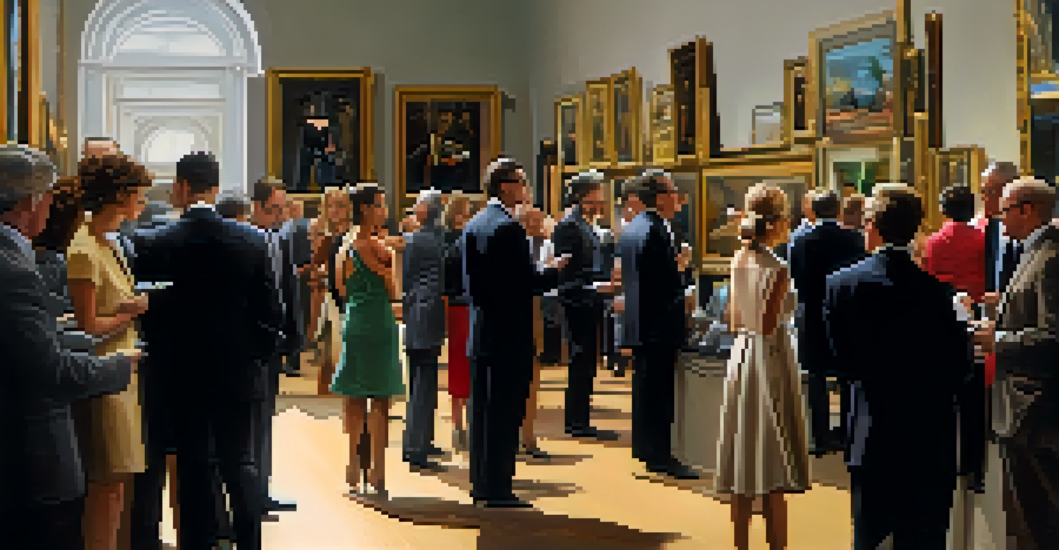 An elegant art auction with attendees bidding on high-profile artworks in a chic gallery.