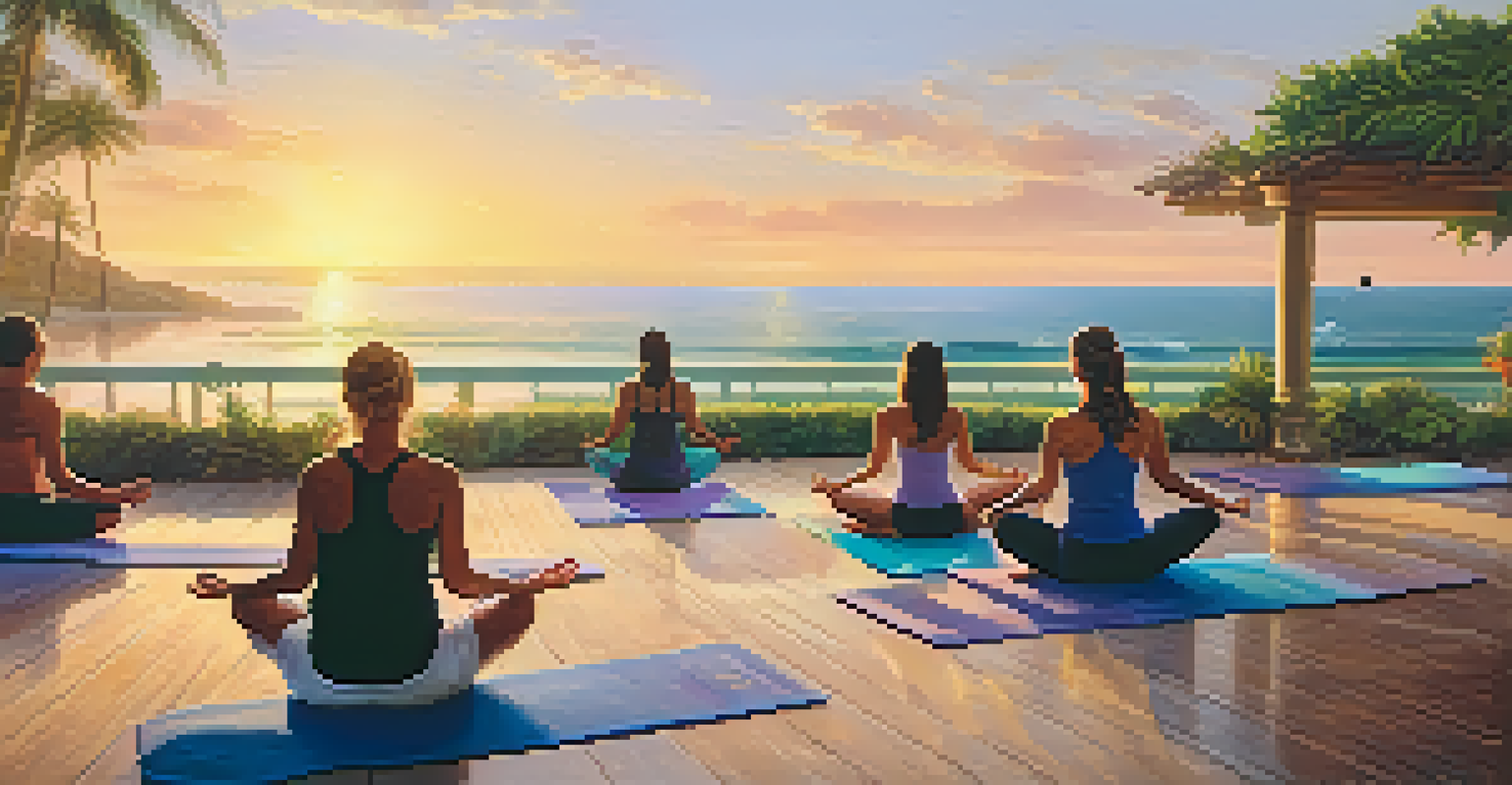 Guests practicing yoga on the beach at sunrise, with vibrant colors reflecting on the water and surrounded by lush greenery.