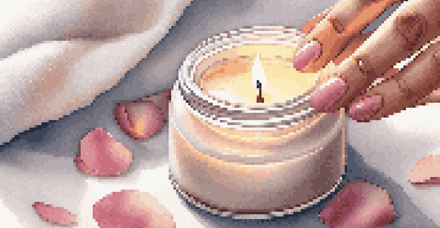 A hand applying moisturizer from a luxurious jar with rose petals and a candle in the background.