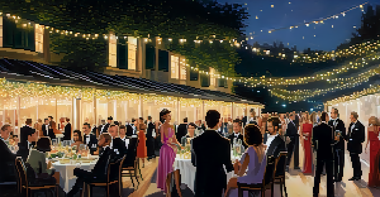 An outdoor upscale fashion event with elegantly dressed people under fairy lights, mingling around a beautifully decorated table.