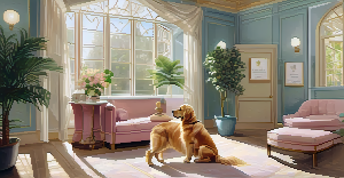A golden retriever relaxing on a plush dog bed while being massaged by a groomer in a luxury pet spa with a bright and serene atmosphere.