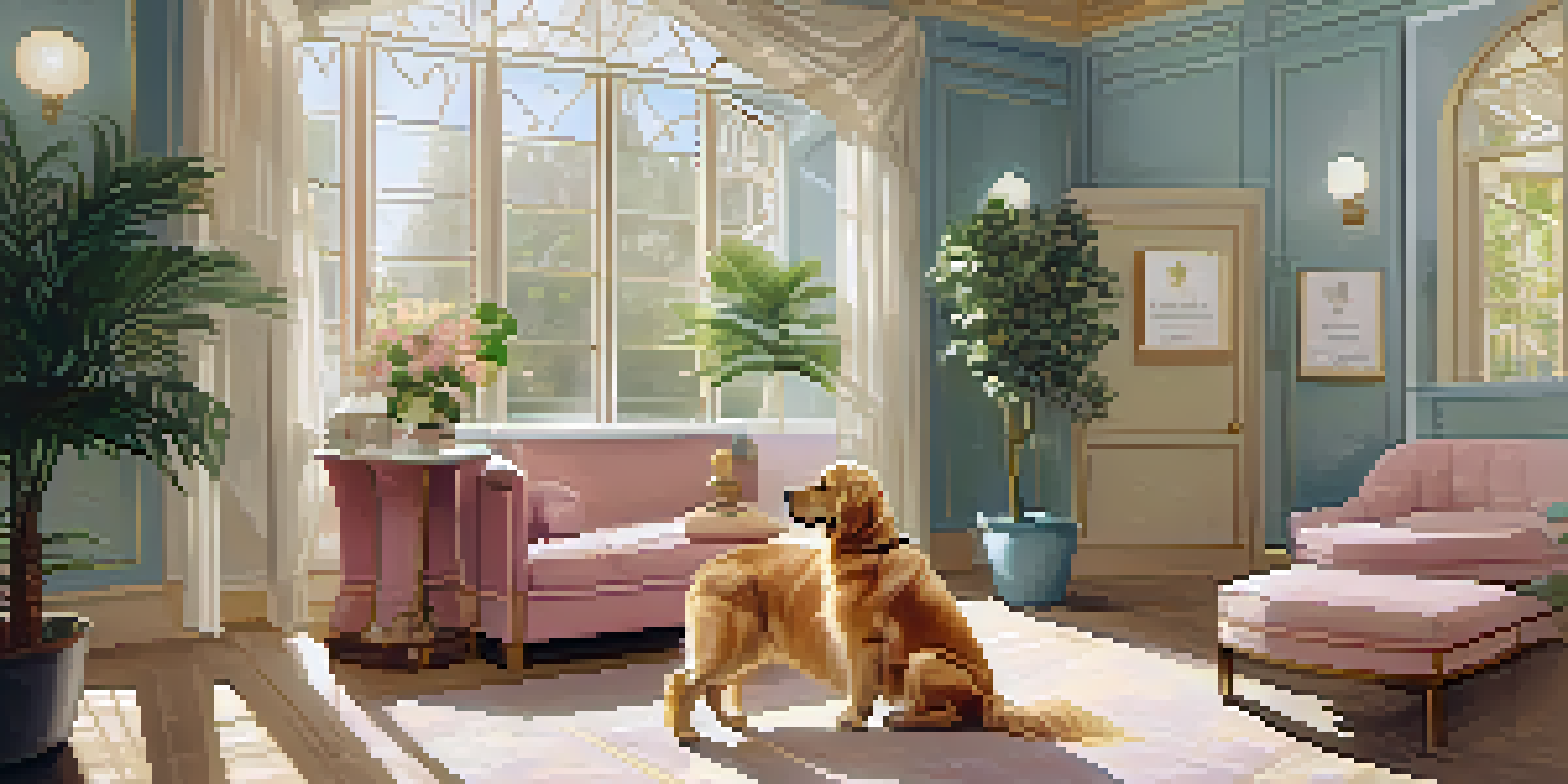 A golden retriever relaxing on a plush dog bed while being massaged by a groomer in a luxury pet spa with a bright and serene atmosphere.