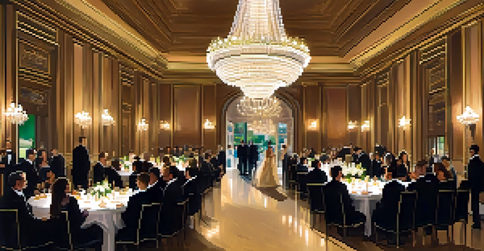 An elegant event venue with chandeliers and security personnel overseeing the entrance while guests in formal attire enjoy the gathering.