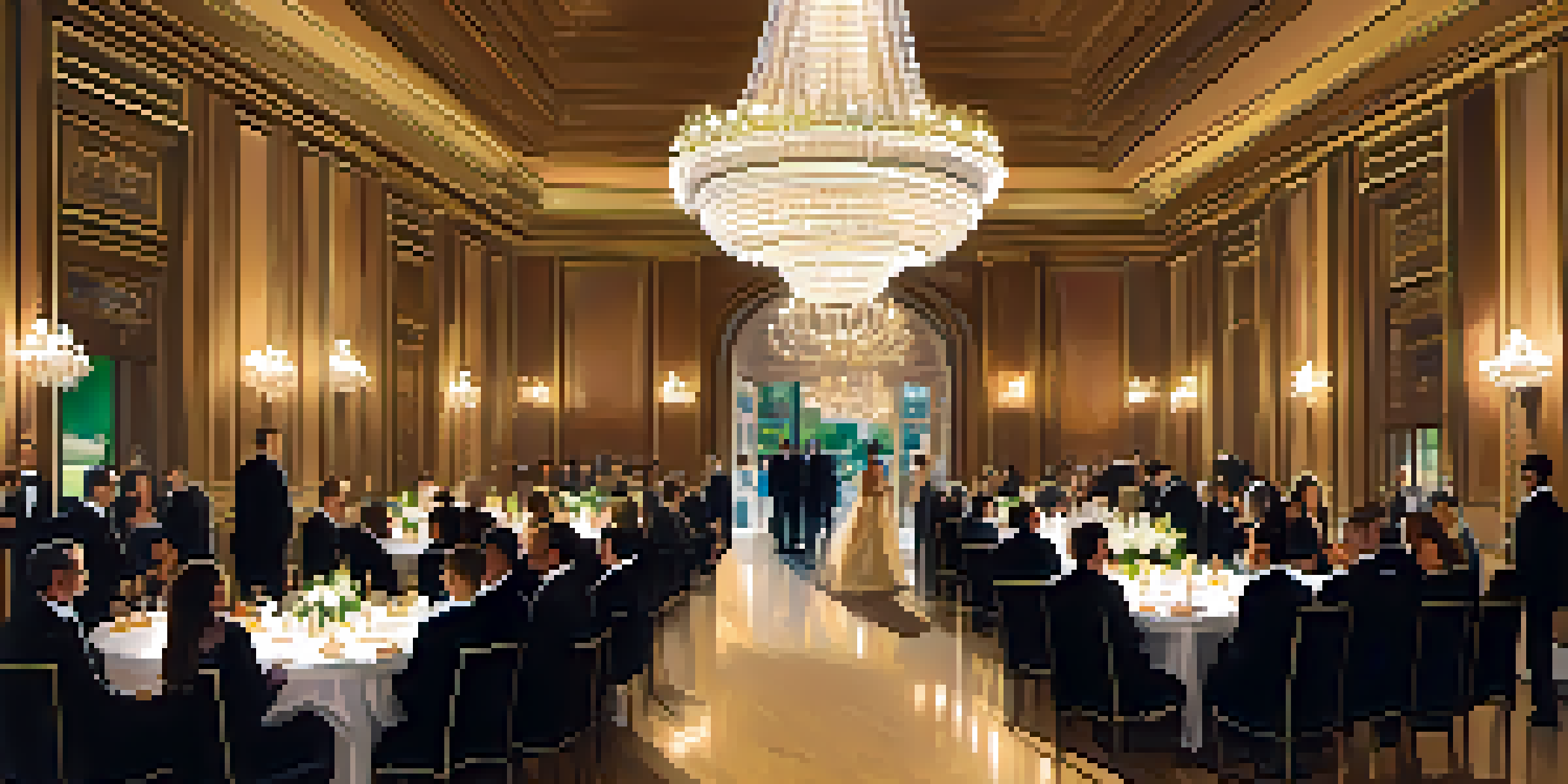An elegant event venue with chandeliers and security personnel overseeing the entrance while guests in formal attire enjoy the gathering.