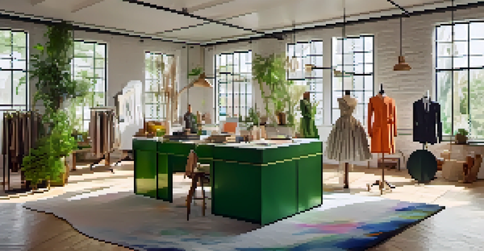 A bright fashion studio filled with sustainable materials, designer sketches, and eco-friendly tools, with mannequins displaying upcycled garments.