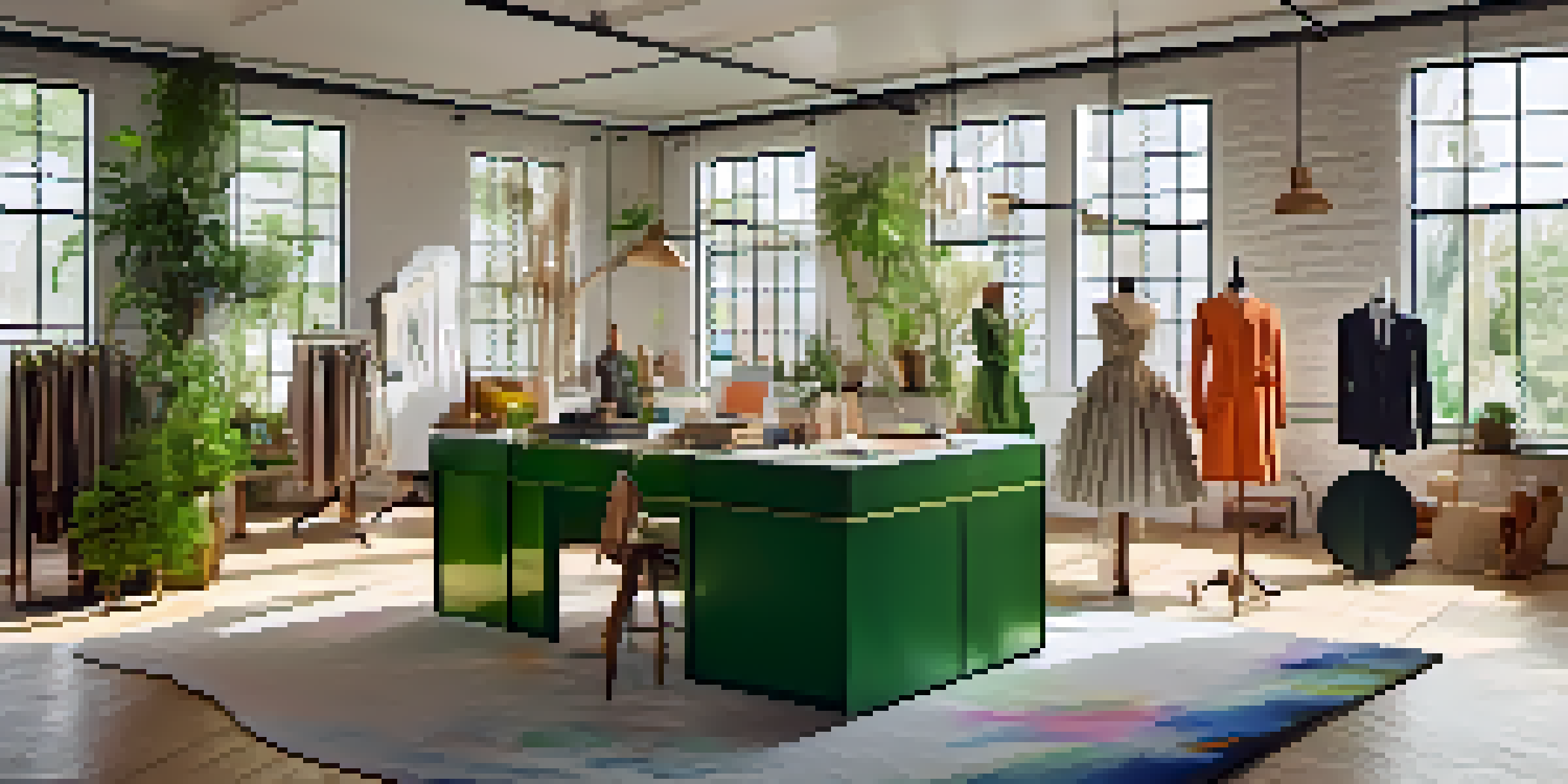 A bright fashion studio filled with sustainable materials, designer sketches, and eco-friendly tools, with mannequins displaying upcycled garments.