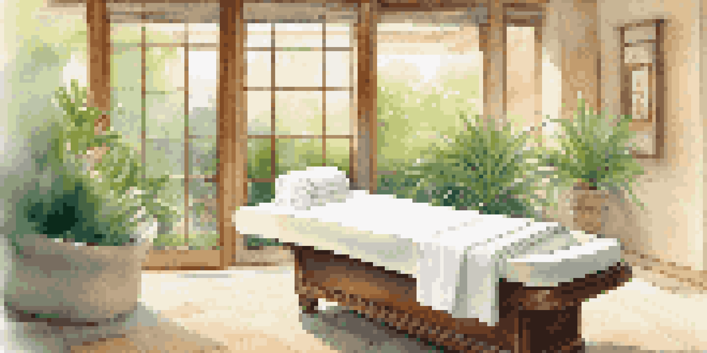A calming spa interior with soft lighting, massage table, and green plants, designed for relaxation.