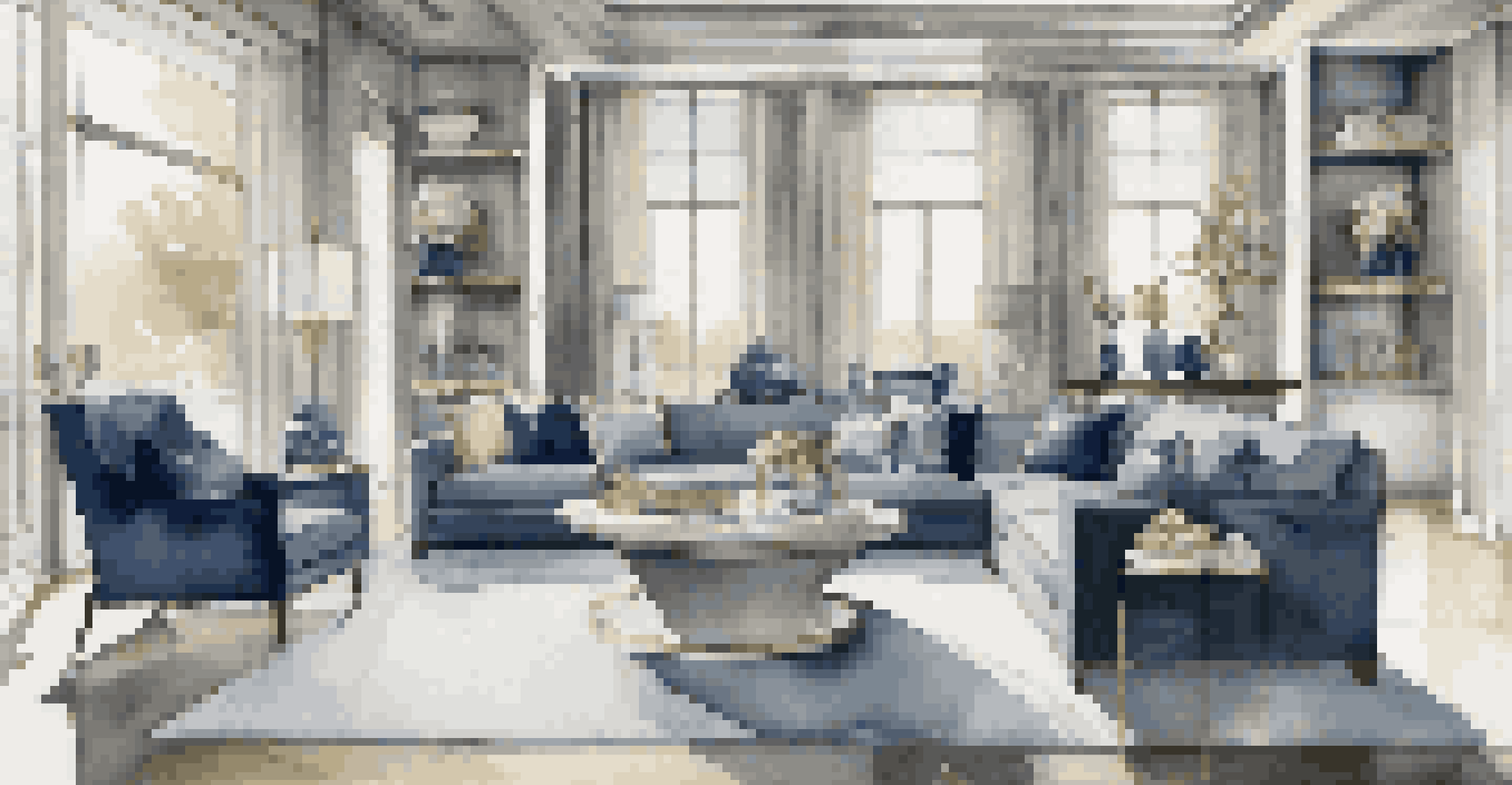 A modern living room with luxurious furniture, large windows, and a tasteful color palette of gray and blue, highlighted by unique artwork.