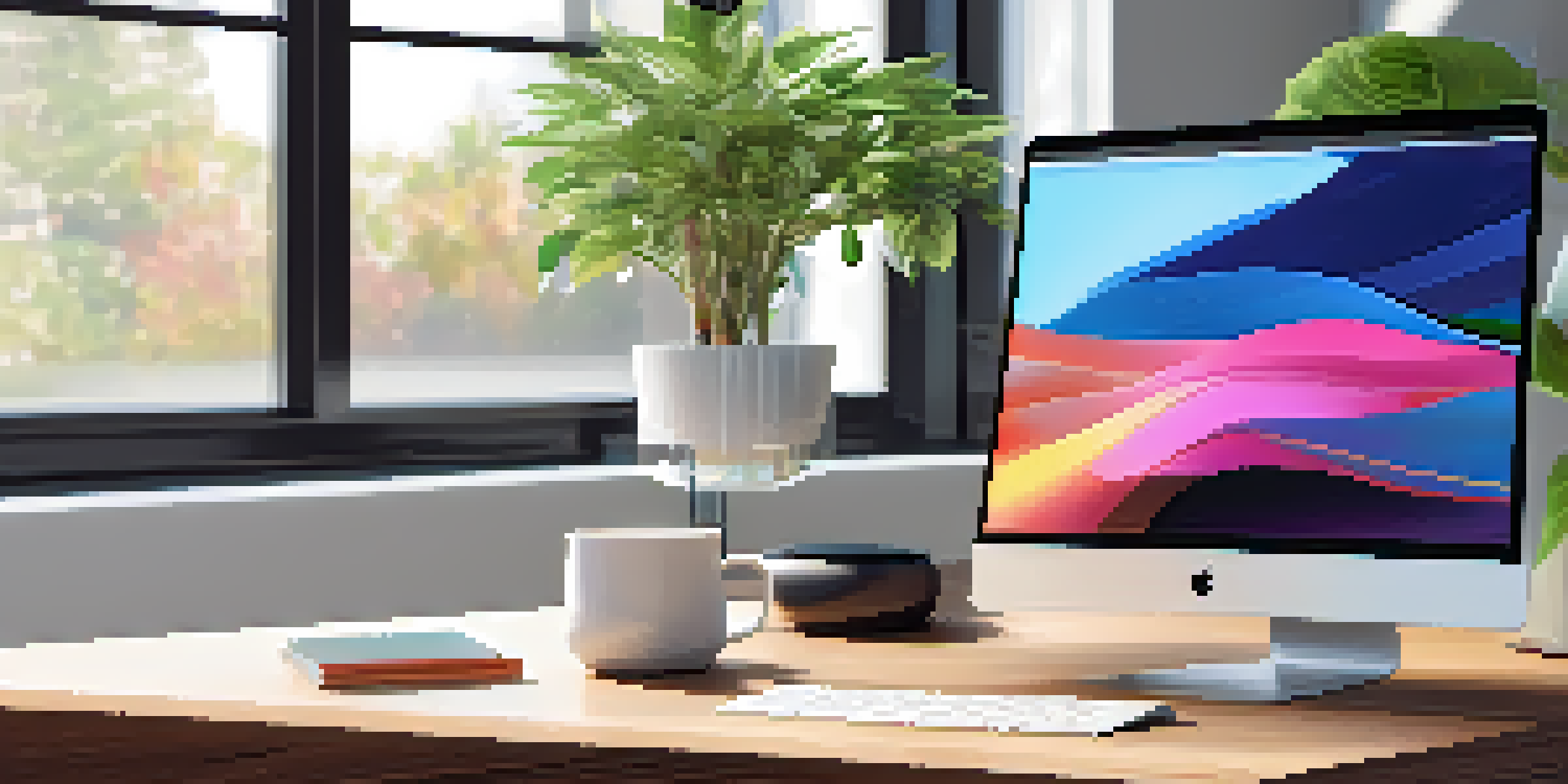 A modern workspace with Apple Vision Pro glasses on a wooden desk, showcasing colorful digital interfaces in a bright room.