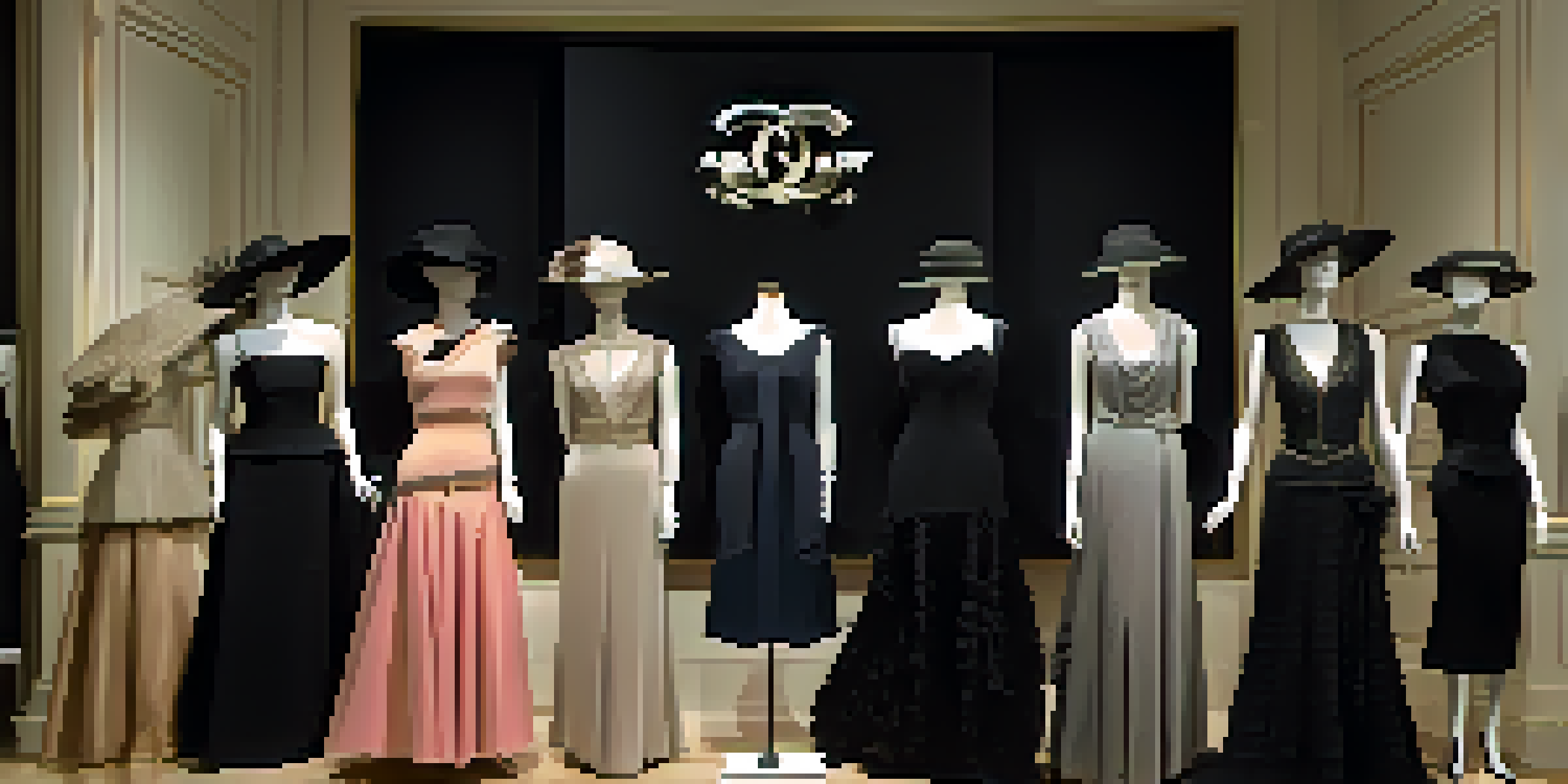 A vintage couture display featuring iconic garments on mannequins in a softly lit boutique, showcasing a Chanel little black dress and a Dior evening gown with vintage hats in the background.