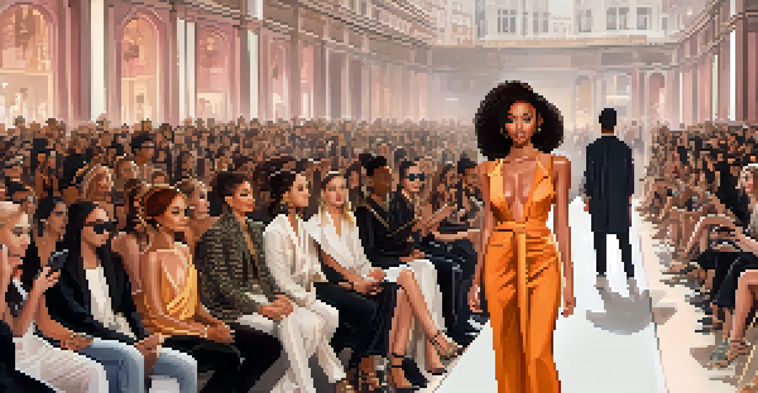 A social media influencer live-streaming a fashion show, with models on the runway and a diverse audience around.