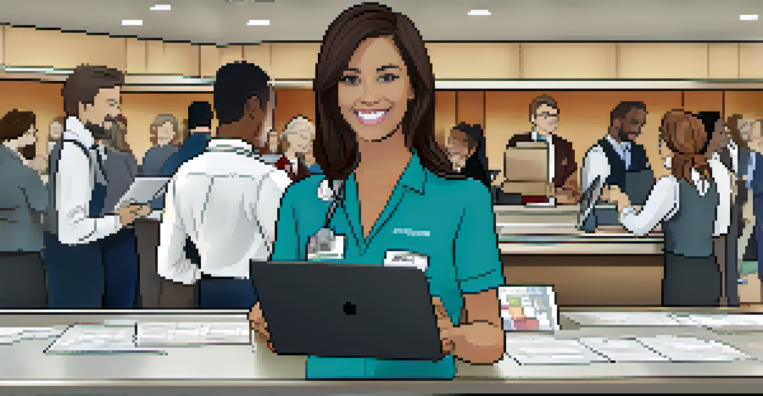 A friendly staff member at an event registration desk, assisting guests with a smile amidst a busy check-in environment.