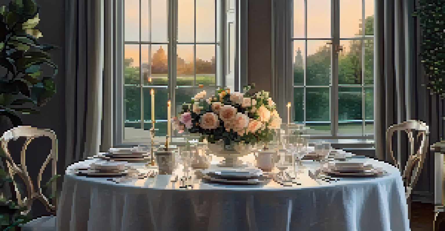 An elegantly arranged dining table with floral table linens and candlelight, surrounded by upholstered chairs, with greenery visible through large windows.