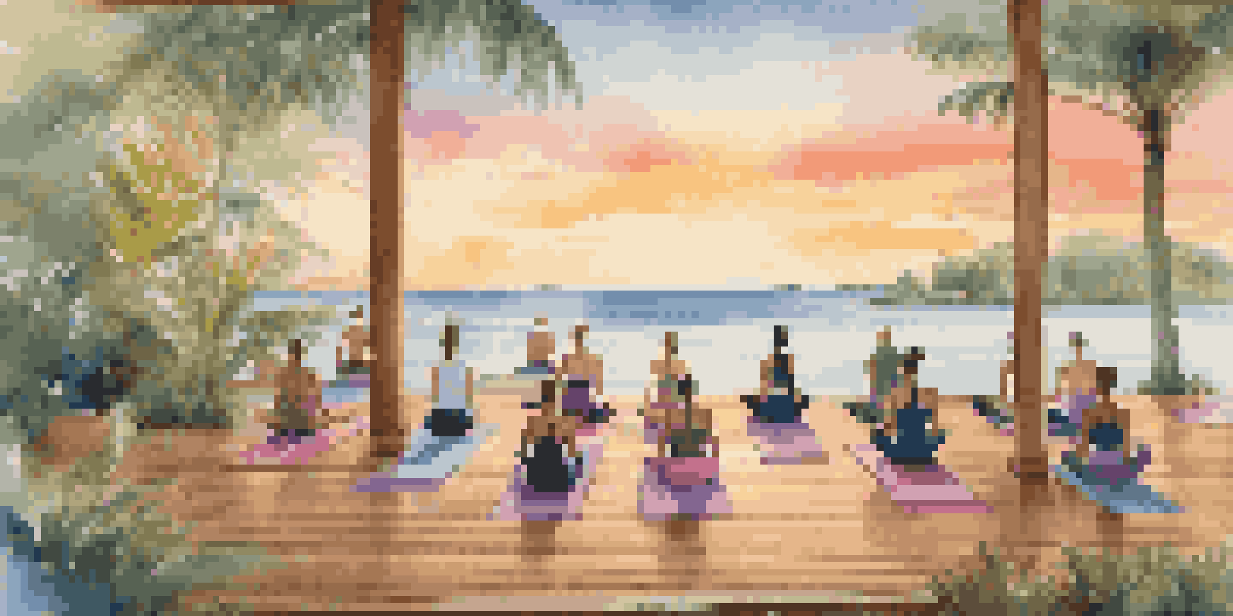 Participants practicing yoga at a luxury fitness retreat during sunrise, with a beautiful ocean view and tropical surroundings.