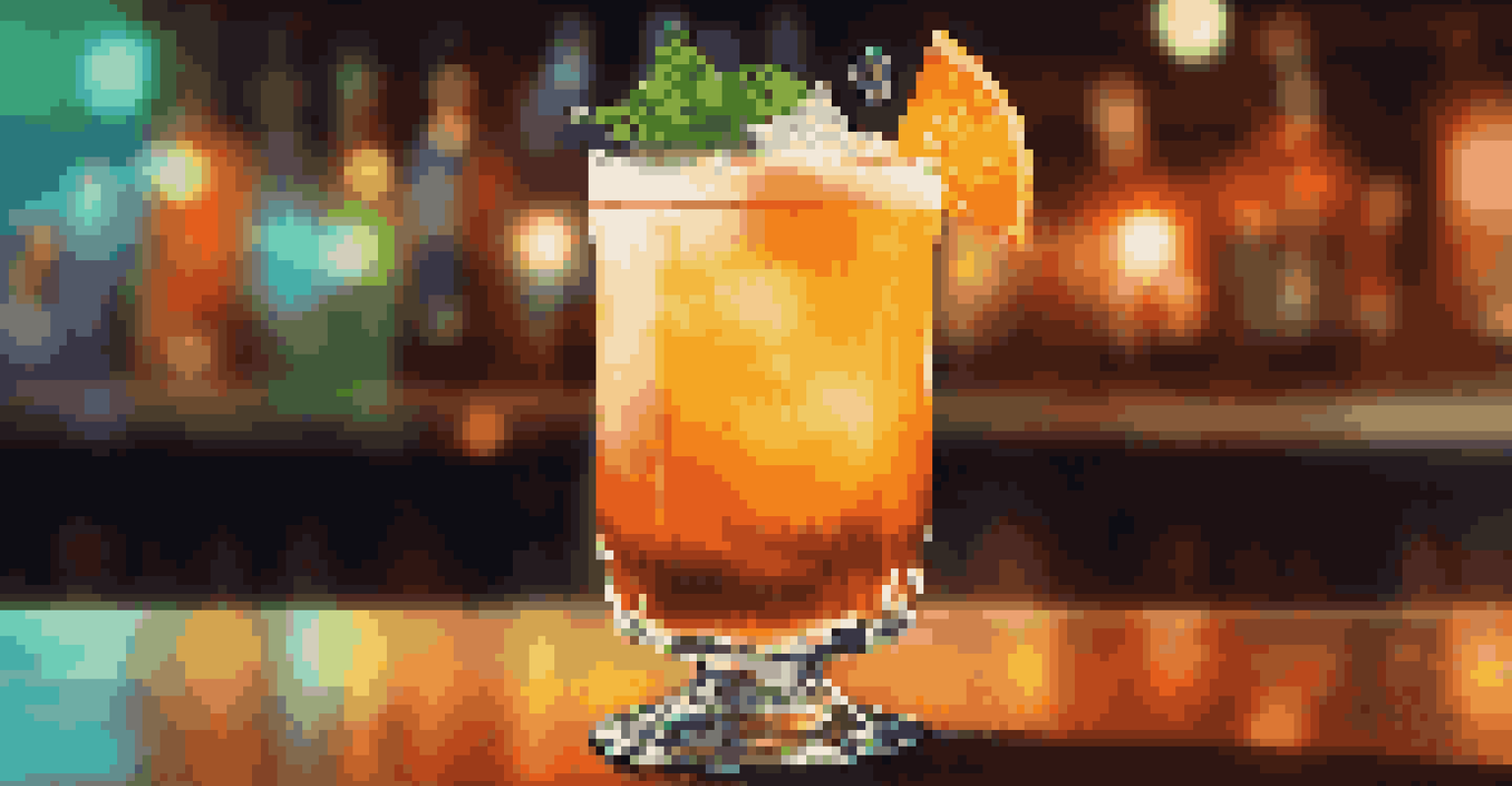 A close-up of a signature cocktail with orange peel and mint garnish, featuring vibrant colors and bubbles. The background is a softly lit bar.