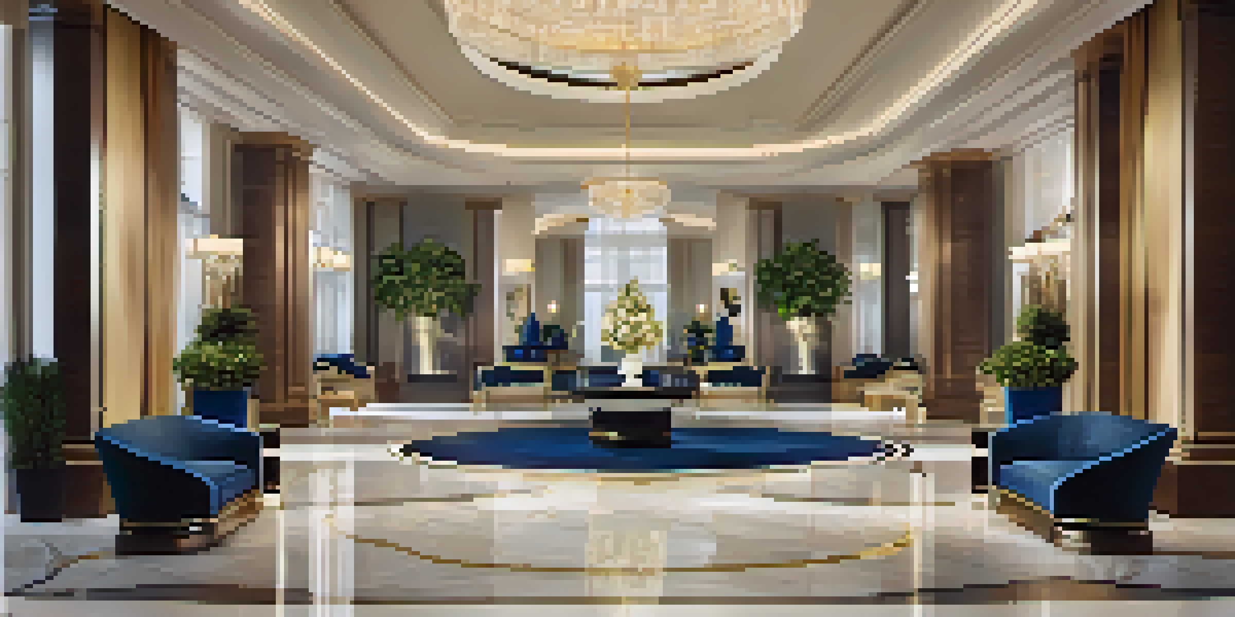 A luxurious hotel lobby with marble flooring, plush seating, and large windows, featuring elegant decor and a colorful floral arrangement.