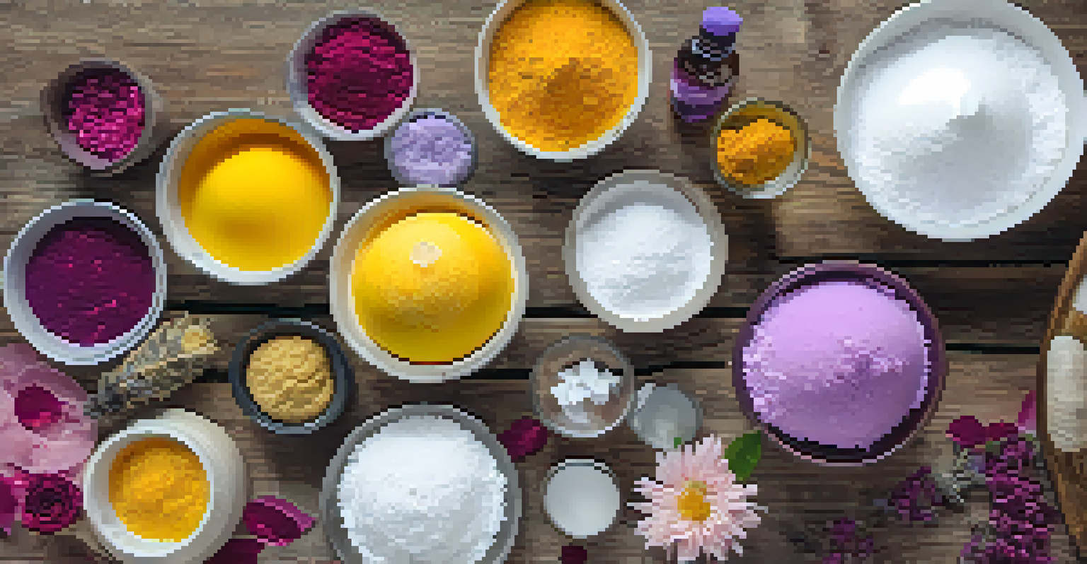 A beautifully arranged flat lay of DIY bath bomb ingredients, including baking soda, essential oils, and dried flowers on a rustic wooden table.