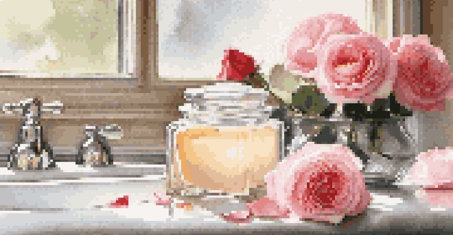 An elegant bathroom featuring a rose-infused cream jar and rose petals, highlighting luxury and comfort.