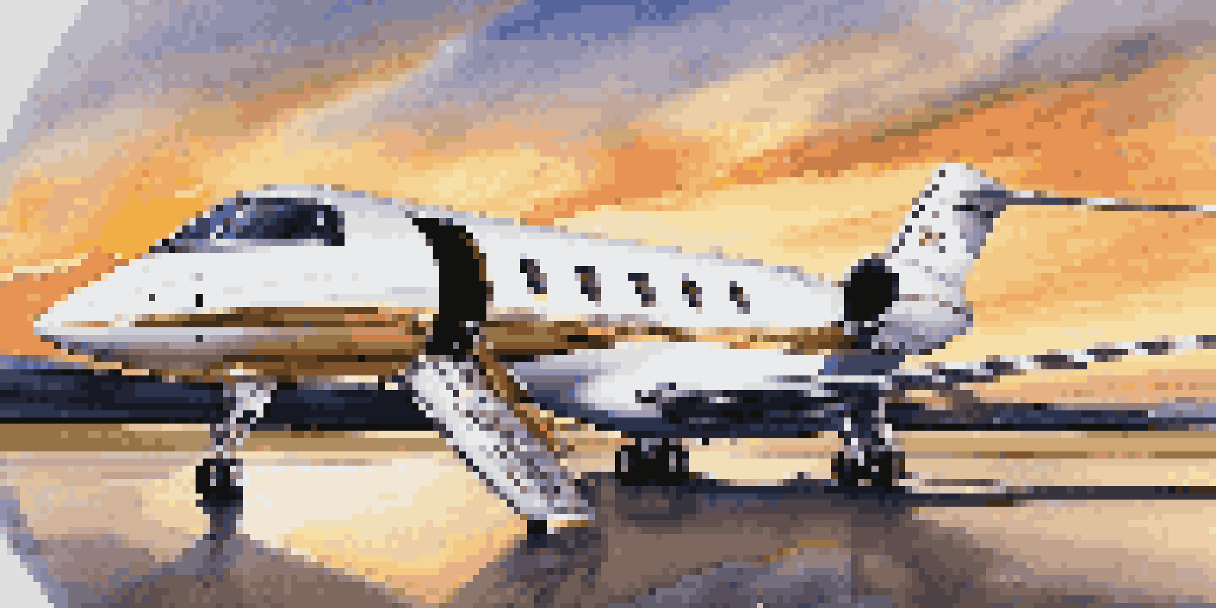 A luxurious private jet on a tarmac during sunset, with a well-dressed person standing beside it.
