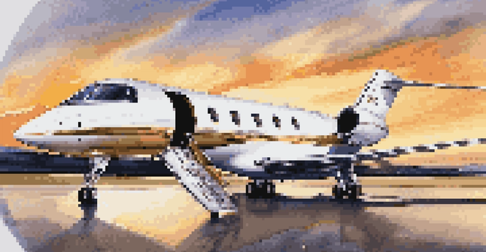 A luxurious private jet on a tarmac during sunset, with a well-dressed person standing beside it.