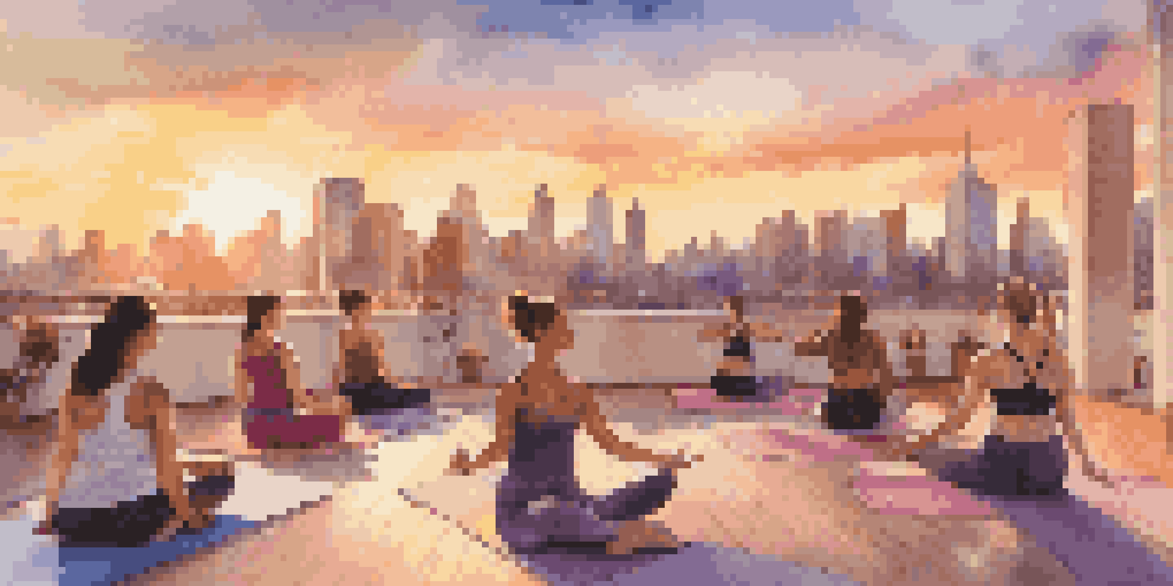 A rooftop yoga class during sunset, showcasing participants in stylish yoga outfits with a city skyline and a lavish brunch setup in the background.