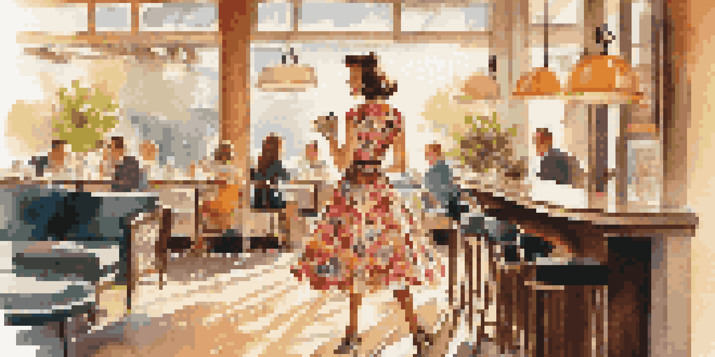 A woman in a floral 1950s swing dress stands in a sunlit vintage cafe, showcasing a blend of retro and modern fashion.