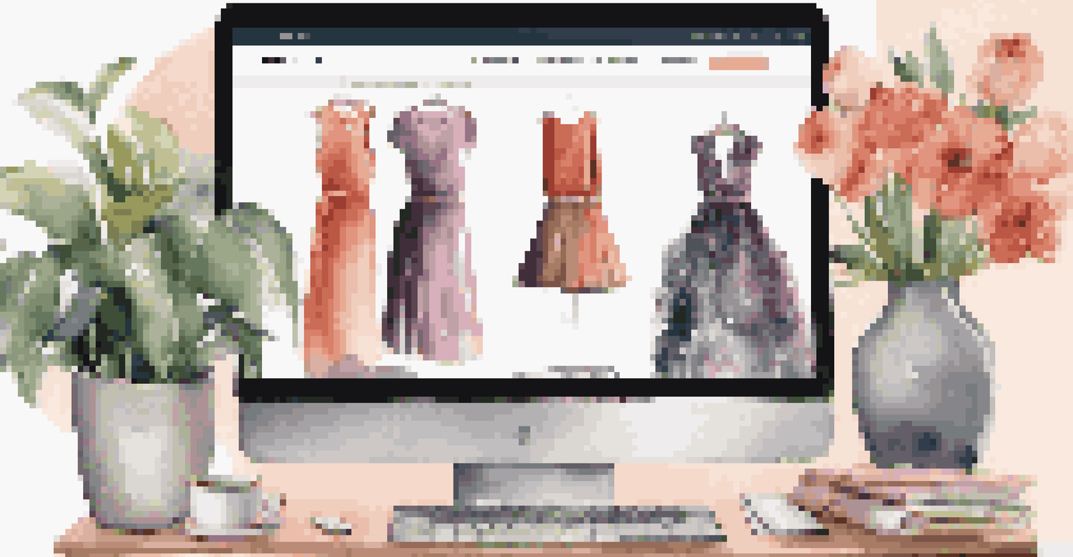A stylish workspace with a laptop displaying a fashion rental website, alongside coffee and fashion magazines.