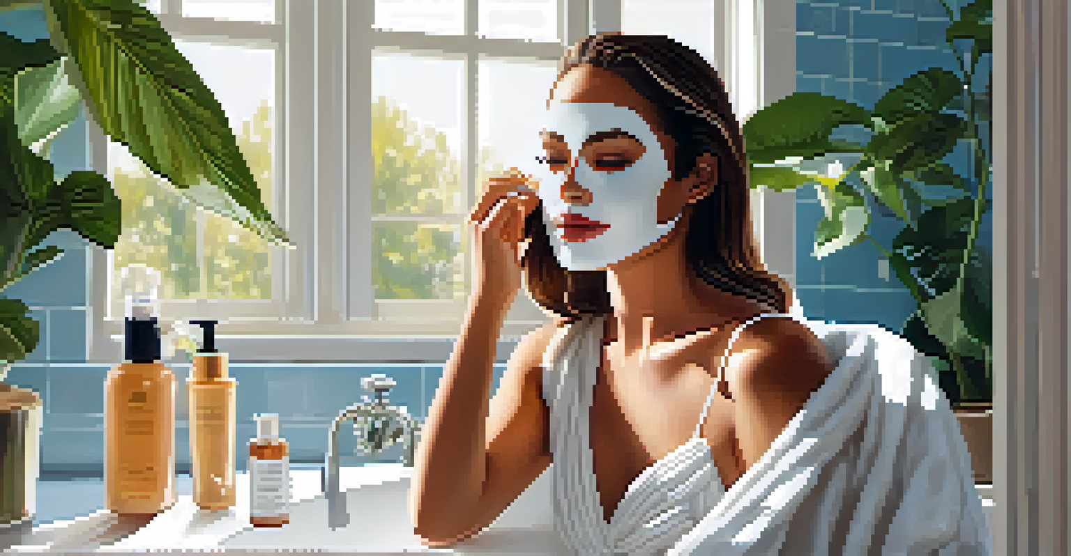 A famous actress applying a facial mask in a bright bathroom with natural light and stylish decor.