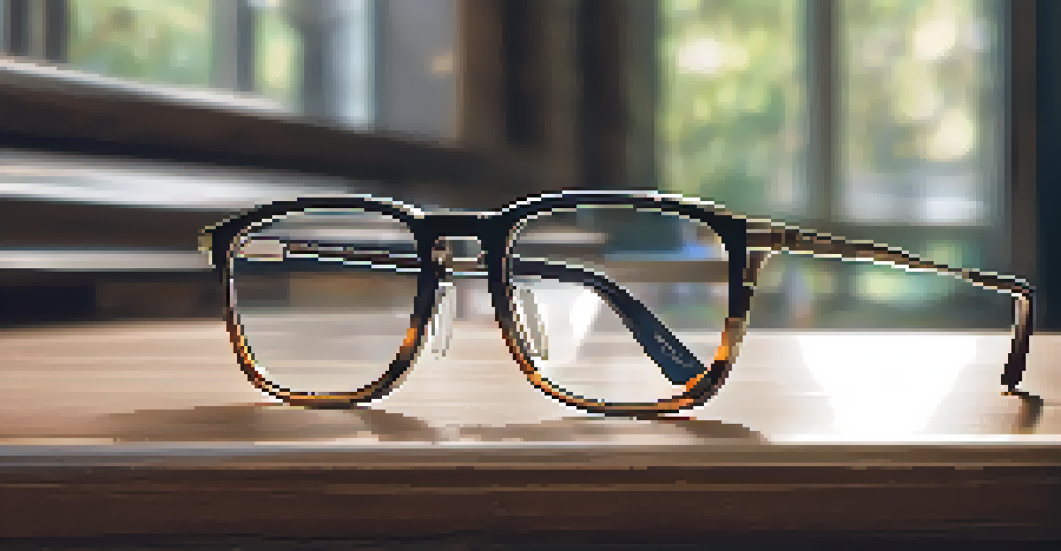 Close-up of luxury smart glasses on a wooden table, highlighting the titanium frame and premium lenses.