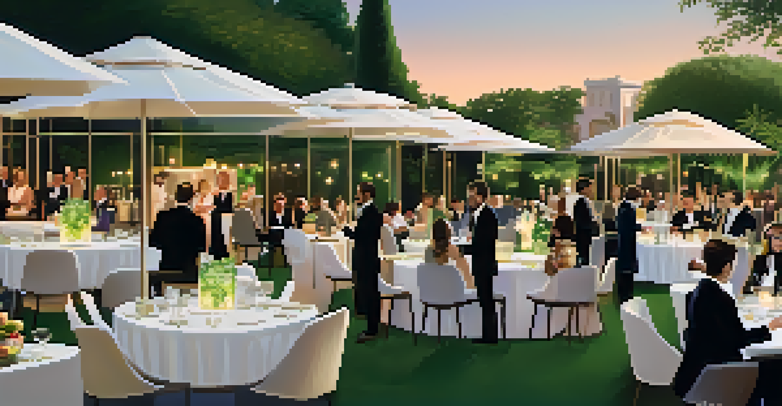 An outdoor networking event for luxury professionals with elegantly dressed individuals conversing in a beautifully decorated garden.