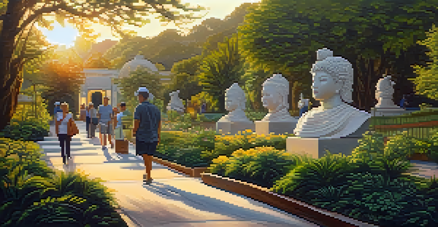 An outdoor art exhibit with large sculptures amidst lush greenery, bathed in golden sunset light, with visitors strolling and appreciating the artwork.