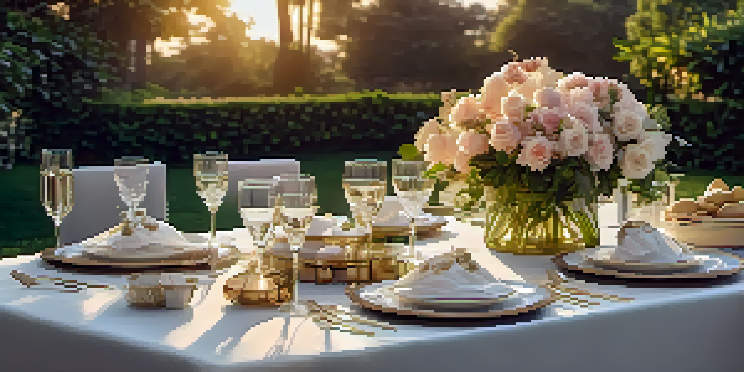 A luxurious outdoor dining setting with an elegantly arranged table in a lush garden, illuminated by warm golden hour light.