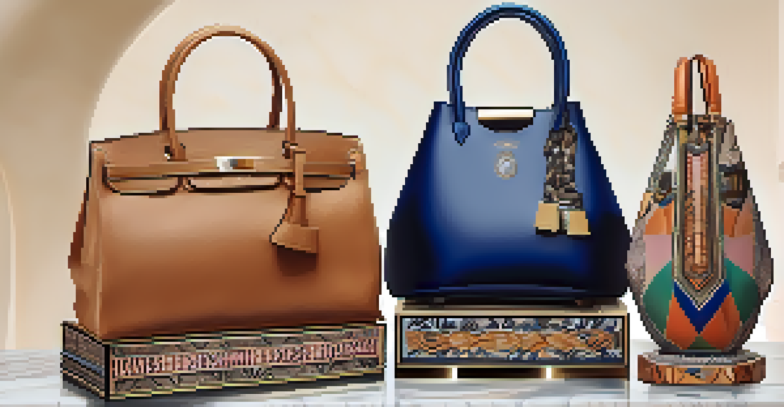 A collection of luxury handbags on a marble pedestal, showcasing diverse cultural designs under soft, warm lighting.