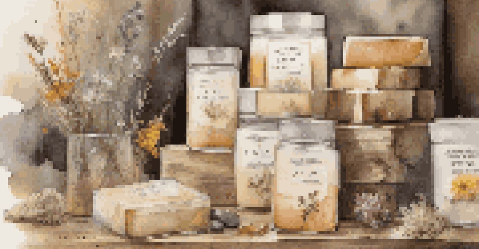 A close-up of artisanal bath products, including soaps and bath salts in elegant packaging on a rustic wooden surface.