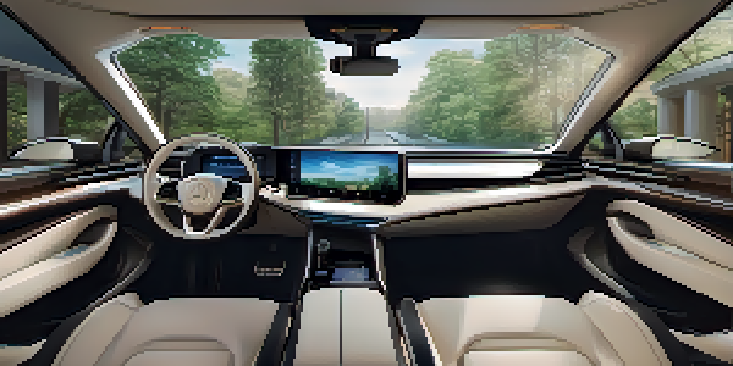 An interior view of a luxurious autonomous car featuring plush seats and a high-tech dashboard, with sunlight streaming in through a panoramic sunroof.