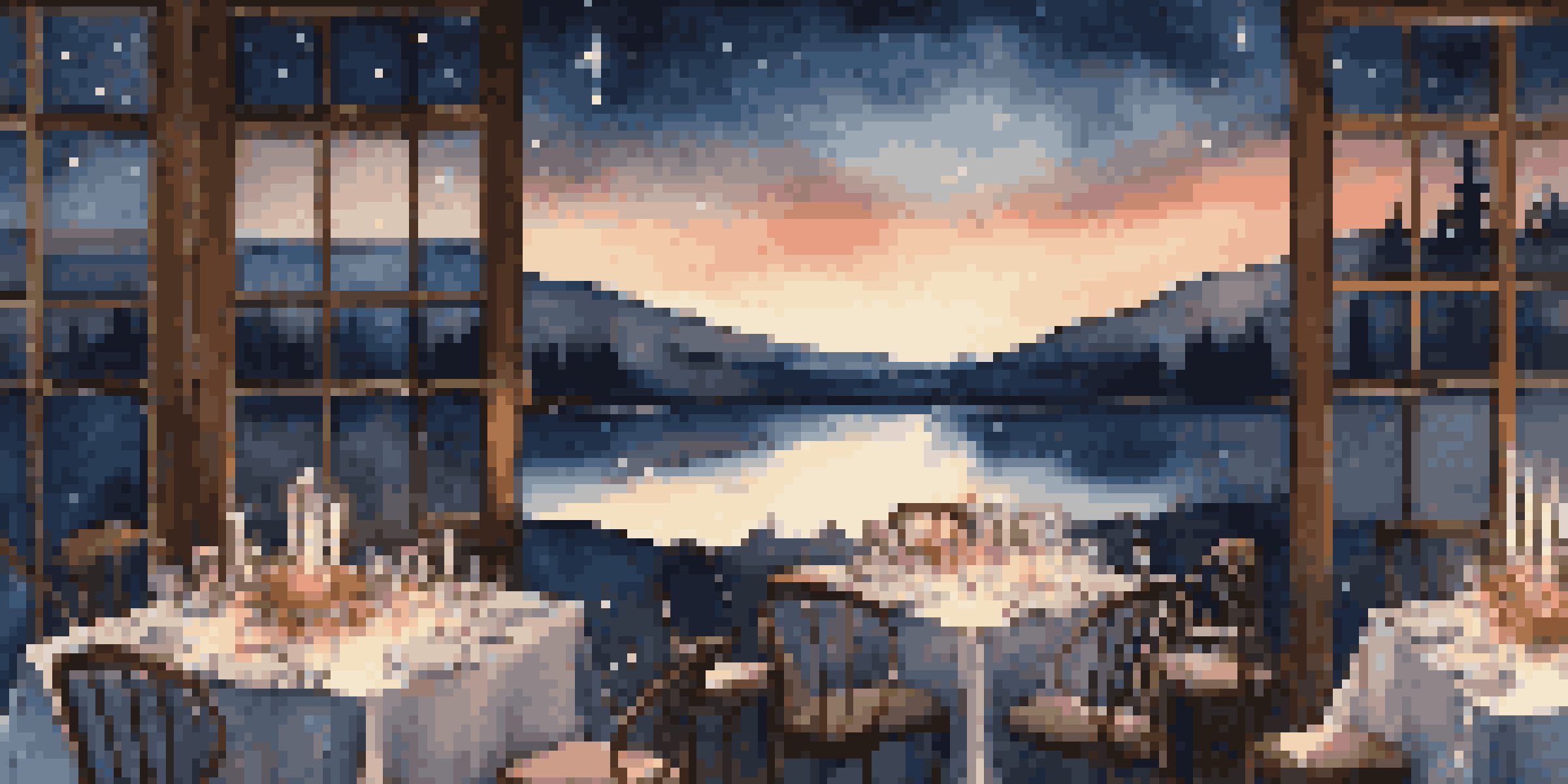 An elegant dining setup in the wilderness with a table under a starry sky.