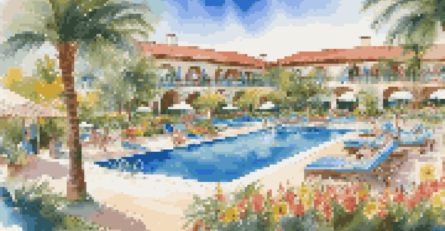 A vibrant luxury resort with families enjoying the pool and gardens, showcasing a family-friendly atmosphere.